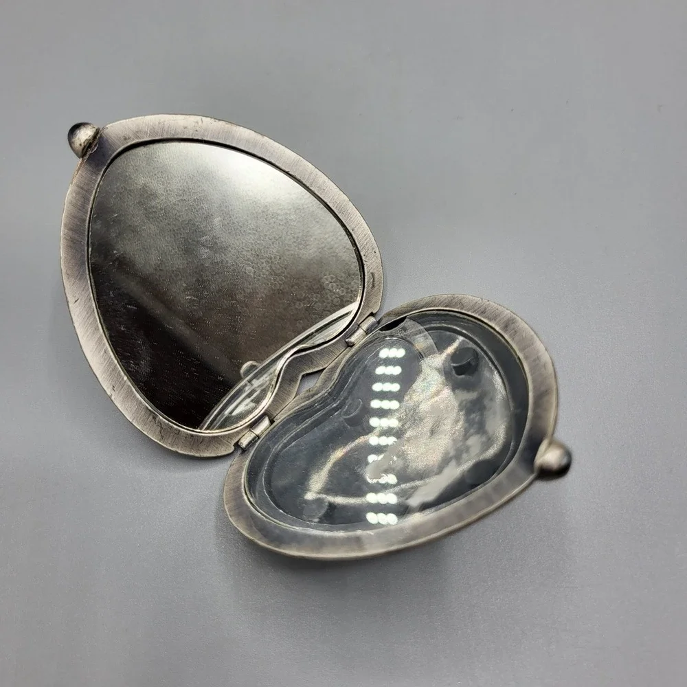 Vintage Compact Mirror Womens Heart Rose Embossed Basketweave Silver Tone